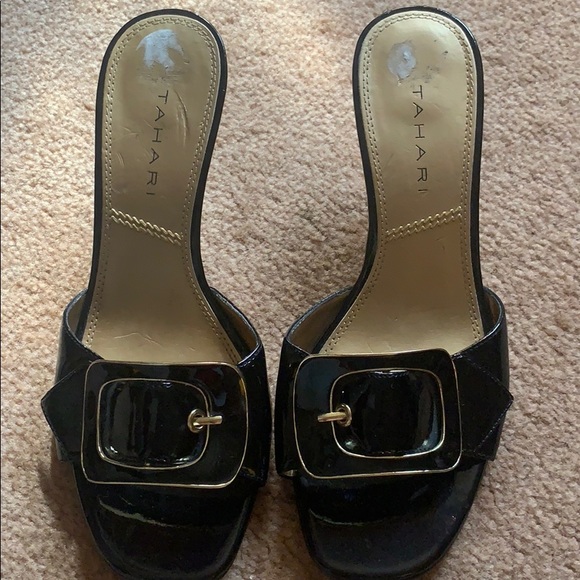 Y2K TAHARI BLACK HEELS SANDALS SZ 7 M BACKLESS SLIP ONS 3” HEELS SOHO BUCKLE - Picture 3 of 10